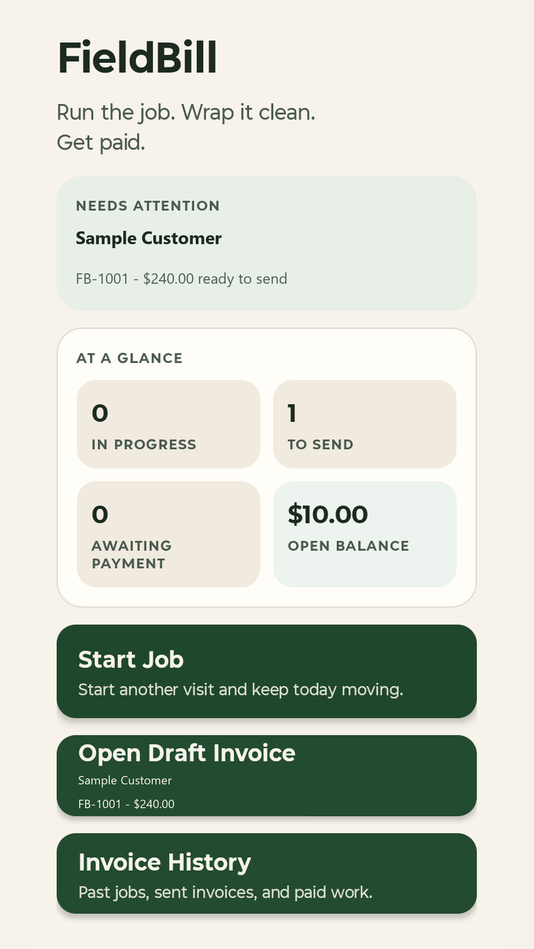 FieldBill dashboard showing invoice workflow.