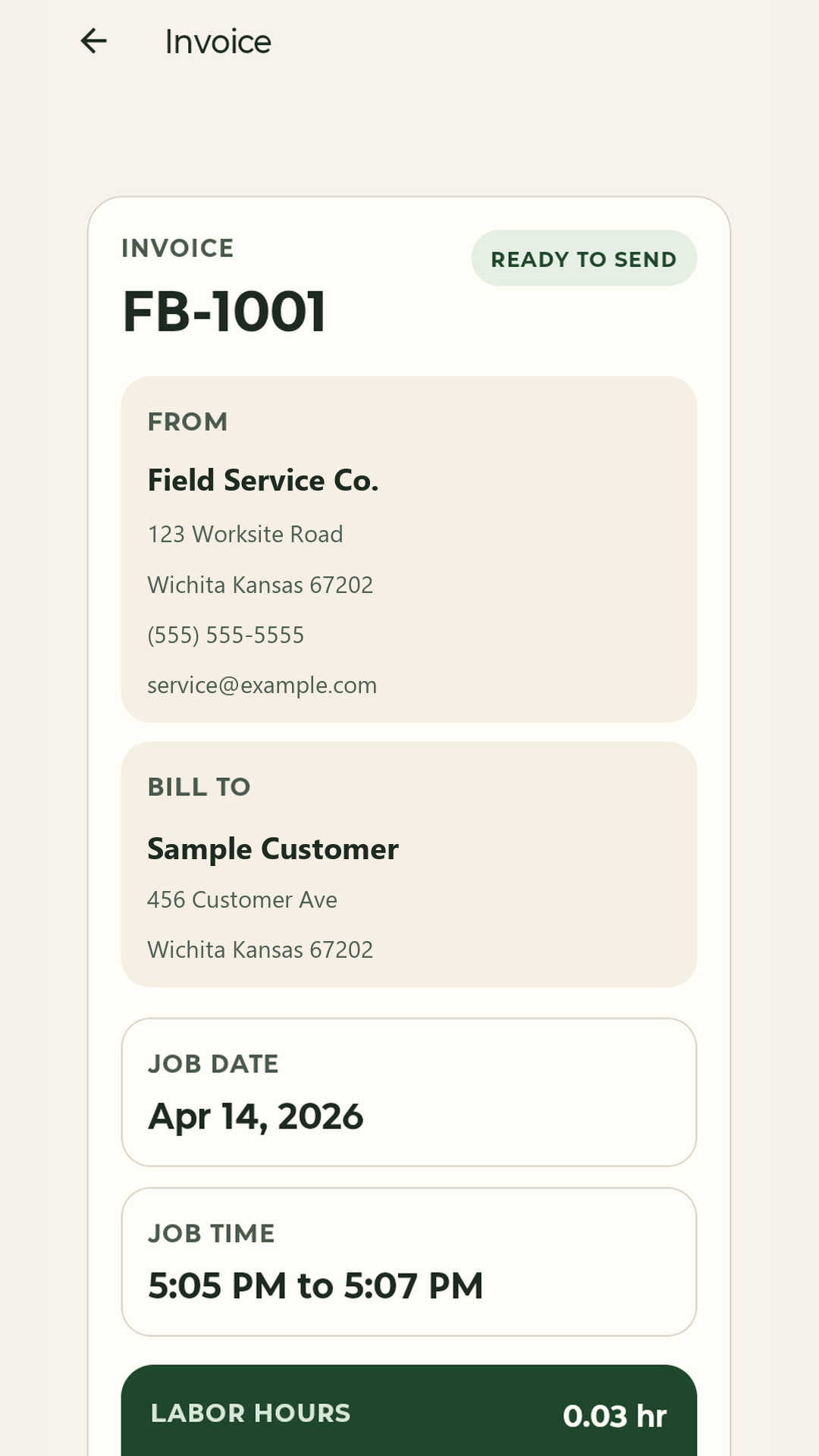 FieldBill invoice detail screen.